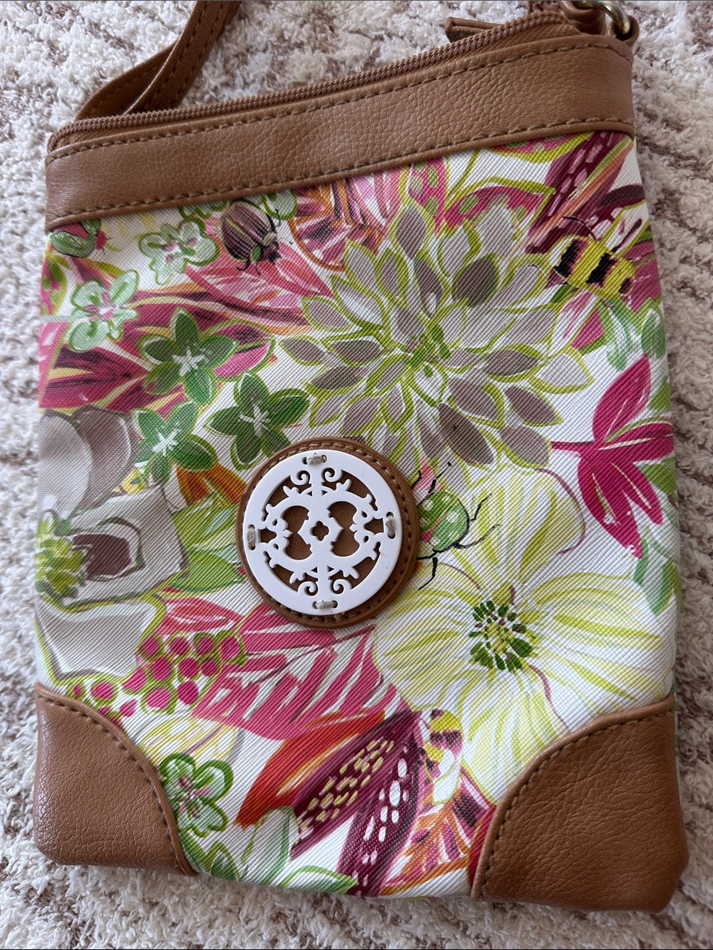 Boutique floral Crossbody bag faux leather trim spring garden print boho chic